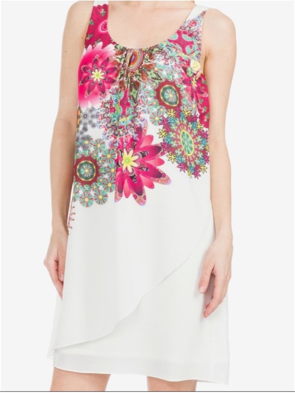 Desigual Corvus Sleevless Floral White Dress with‎ Sequin Rhinestone Flower EU38
